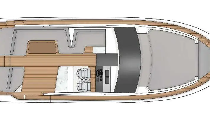 Top view of a boat interior featuring seating areas, a steering console, and wooden flooring.